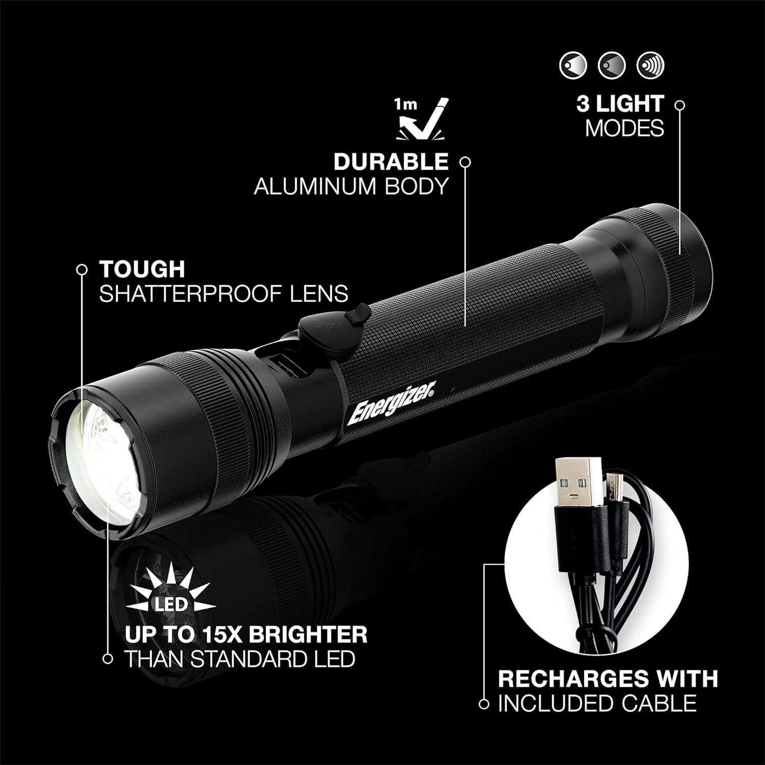 Energizer TacR-1000 LED Tactical Flashlight, Bright Rechargeable Flashlight for Emergencies and Camping Gear, Water Resistant Flashlight, USB Included, Pack of 1, Black