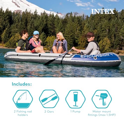 INTEX Excursion Inflatable Boat Series: Includes Deluxe 54in Boat Oars and High-Output Pump – SuperTough PVC – Adjustable Seats with Backrest – Fishing Rod Holders – Welded Oar Locks
