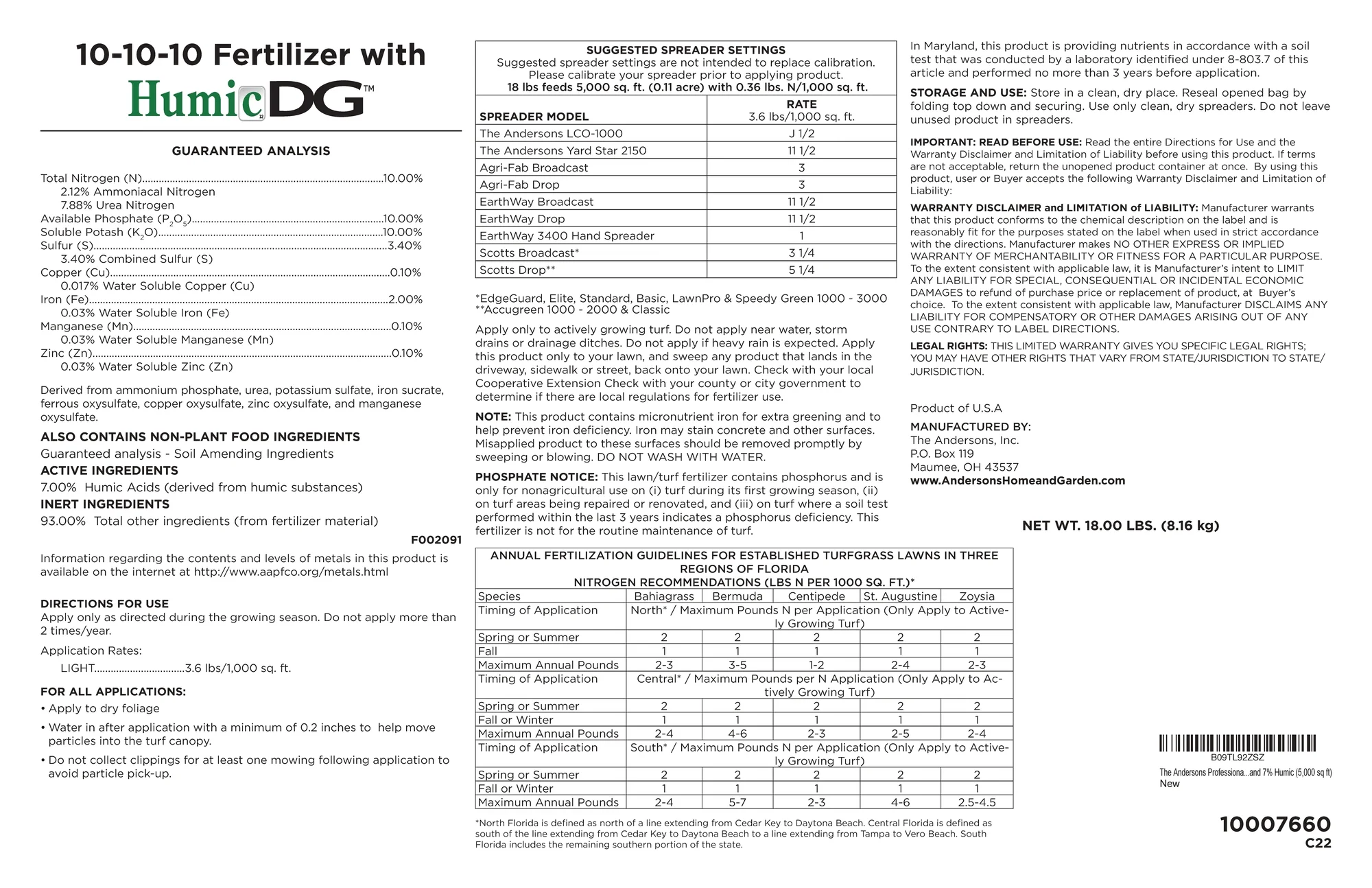 The Andersons Professional 10-10-10 Fertilizer with Micronutrients 2% Iron and 7% Humic - 18lb. (5,000 sq ft)
