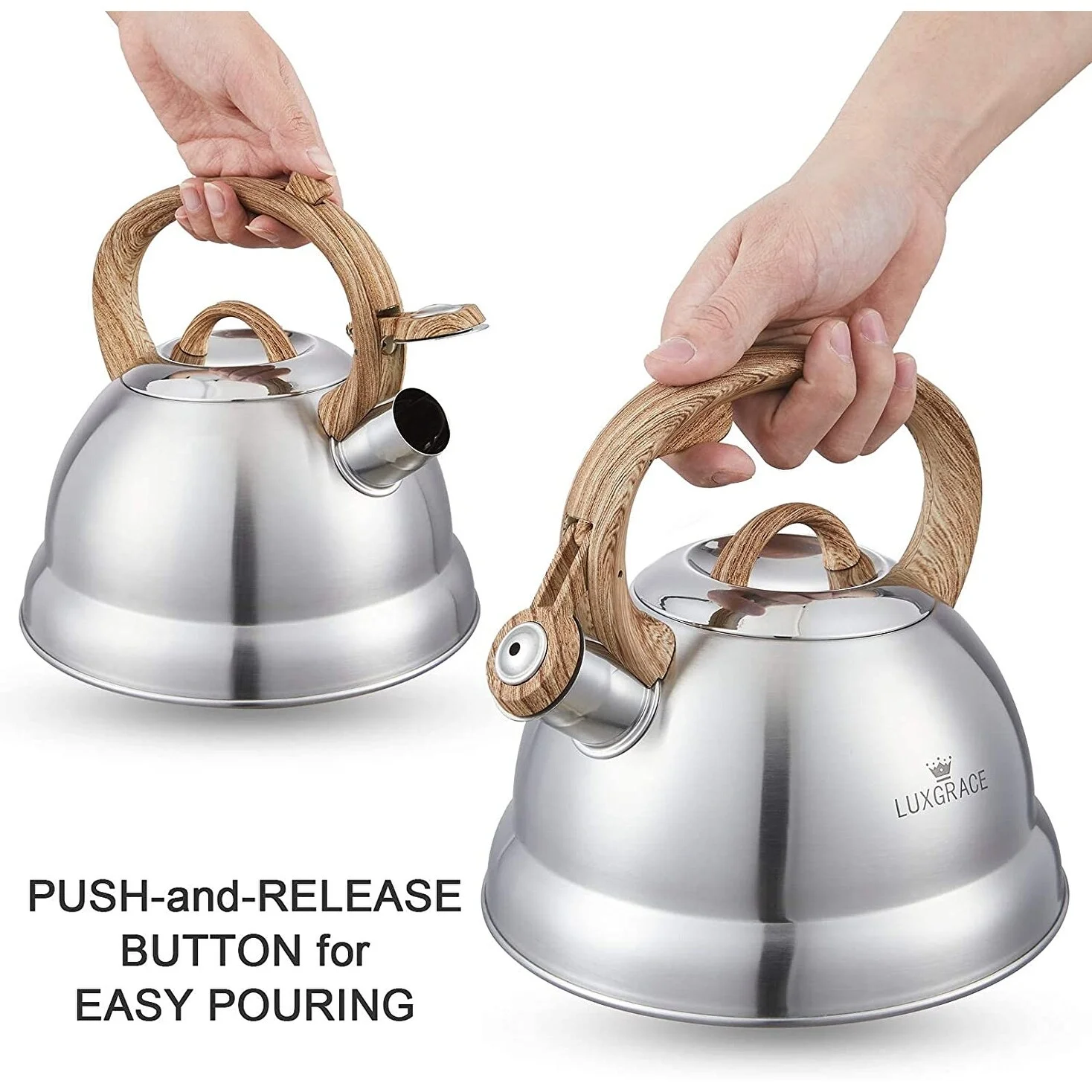 EVCO International Inc. Creative Home 2.3 Qt. Stainless Steel Whistling Tea Kettle Teapot with Ergonomic Wood Rubber Touching Handle, Satin Finish