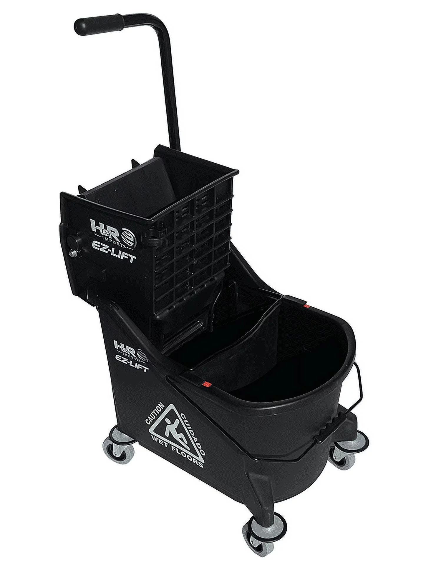 Commercial-Grade Mop Bucket with Separator & Dirty Water Pail, Metal Casters, Side-Press Wringer, Bilingual Caution Wet Floor Sign Display, Black