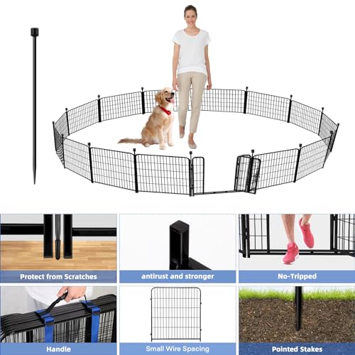 ADAVIN Tall Garden Fence with Gate, 48 in(H) 8 Panels Heavy Duty Iron Metal Animal Barrier Fence, Indoor Dog Playpen, Temporary Fencing, Dog Fence Outdoor for Yard, Total17.7 Ft(L), Black