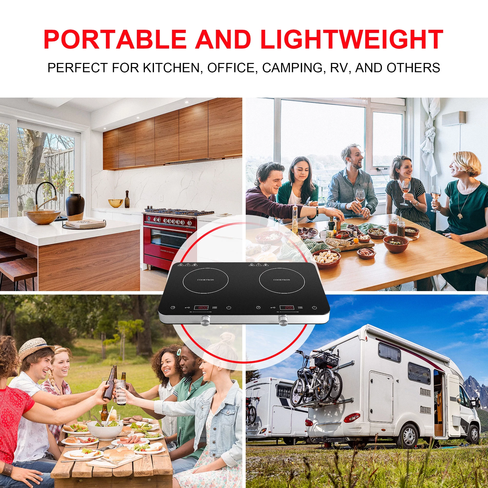 COOKTRON 1800W 120V Double Burner Electric Induction Cooktop w/Knobs