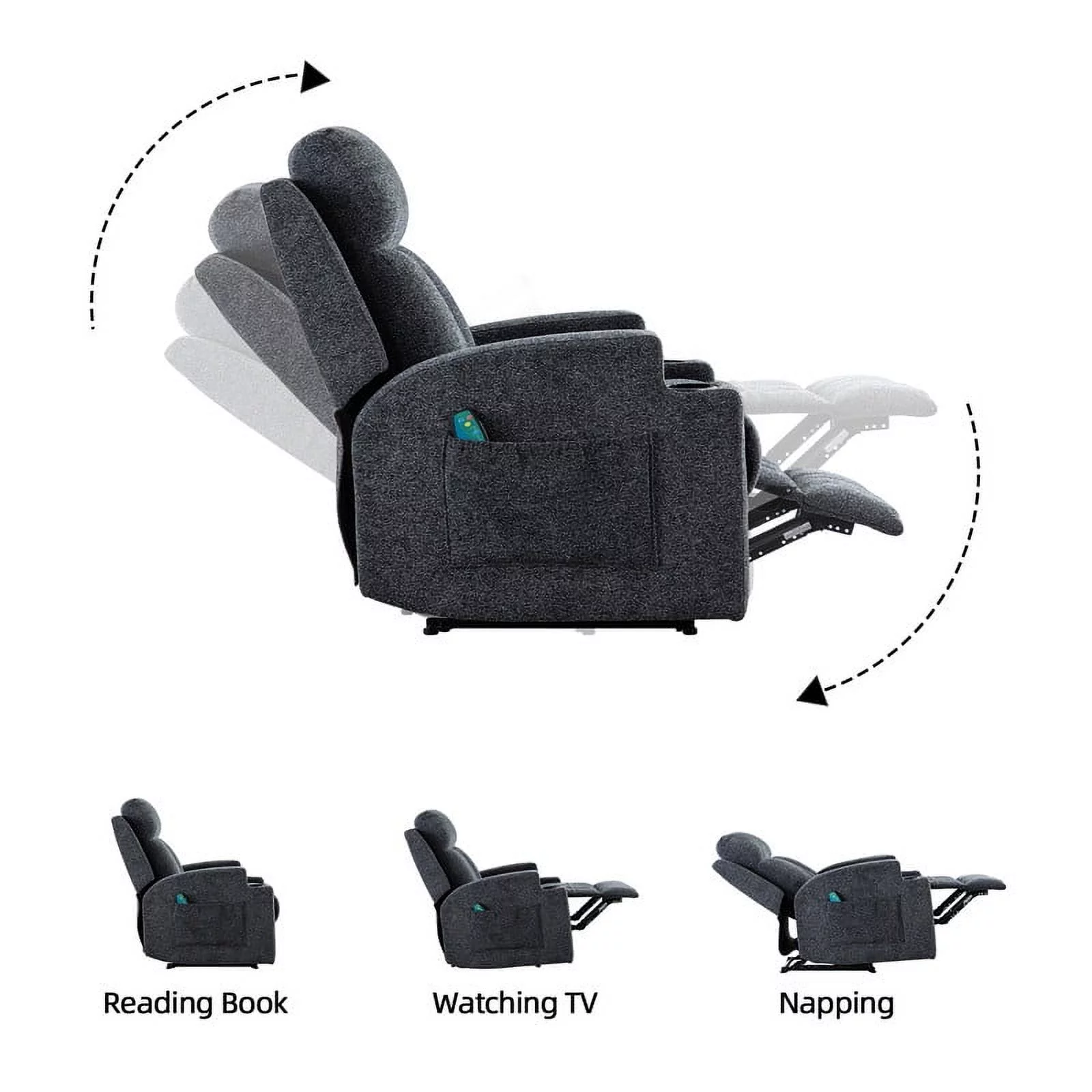 Ebello Design Manual Massage Recliner Chairs with Heat, with Side Pockets and Cup Holders Overstuffed Breathable Fabric Reclining Chair, Single Sofa Home Theater Seating
