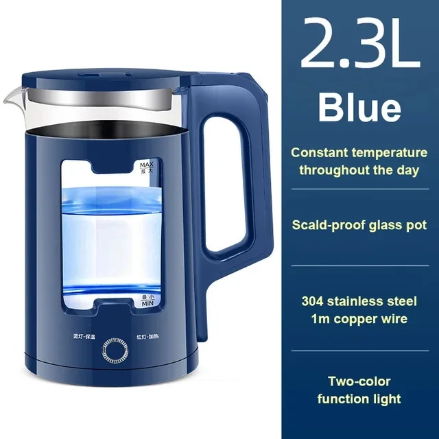 Kettle Quick Heating Hot Water Boiling Teapot Glass Blue Light Heater Pot Boiler Auto-Power Off Cooker EU  Plug