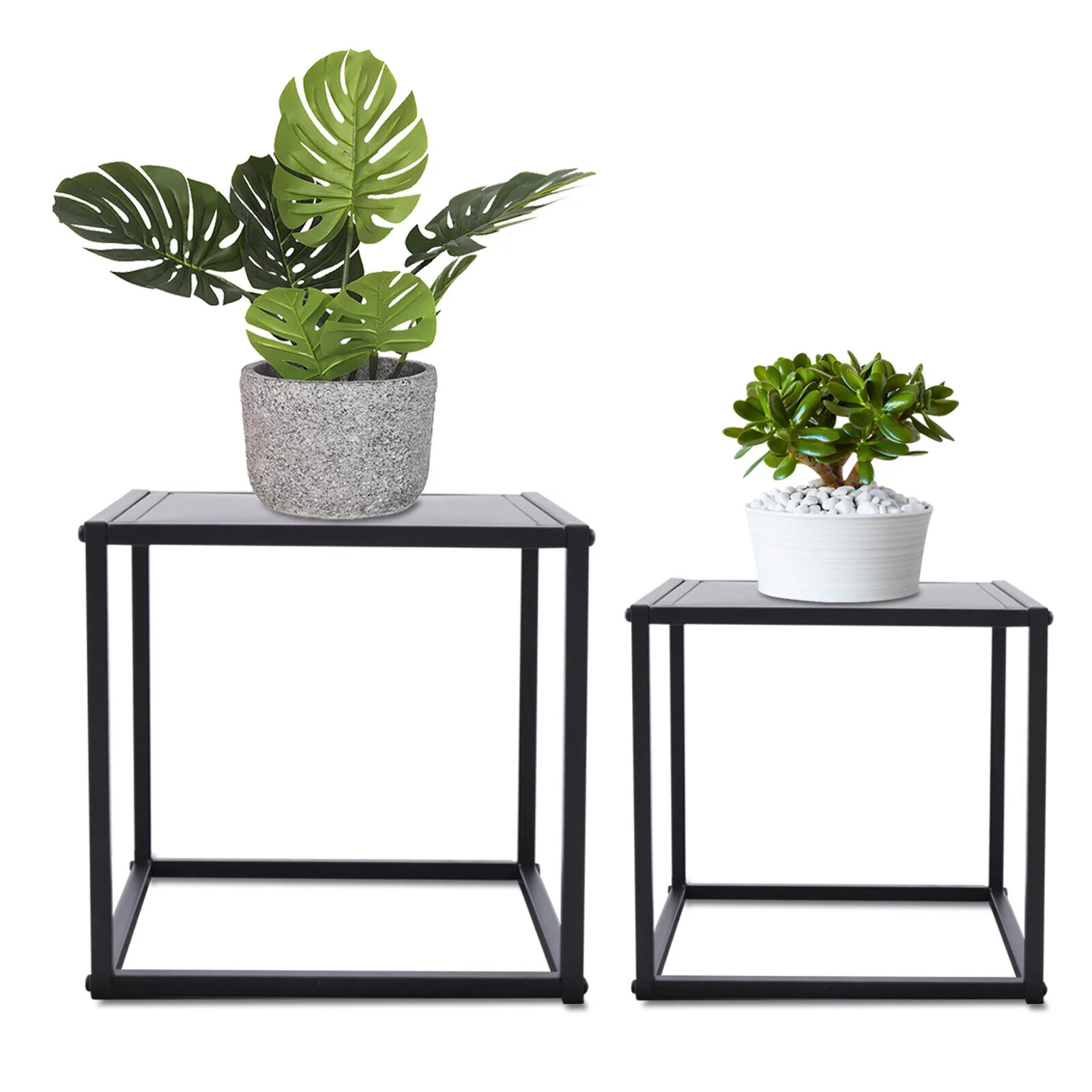 2Pcs Modern Square Metal Coffee Table Side Table End Table Matt Black Home Office