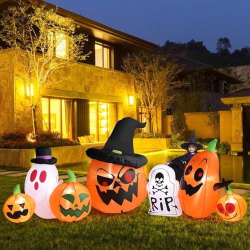 8FT Halloween Inflatable Decorations, Giant Pumpkin Ghost Tombstone Witch Inflatable with LED Lights, Outdoor Indoor Yard Lawn Garden Party Halloween Blow Up Decor
