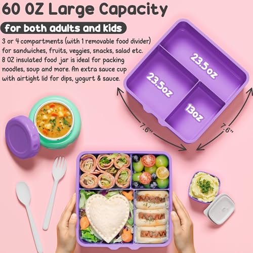 Fimibuke Bento Box for Kids Adult - Leakproof 3-4 Compartments Lunch Bento Box Set with Insulated Thermos Food Jar, Water Bottle, Lunch Bag, Sauce Cup & Cutlery for Toddler Teen Shcool Girl Boy Age 3+