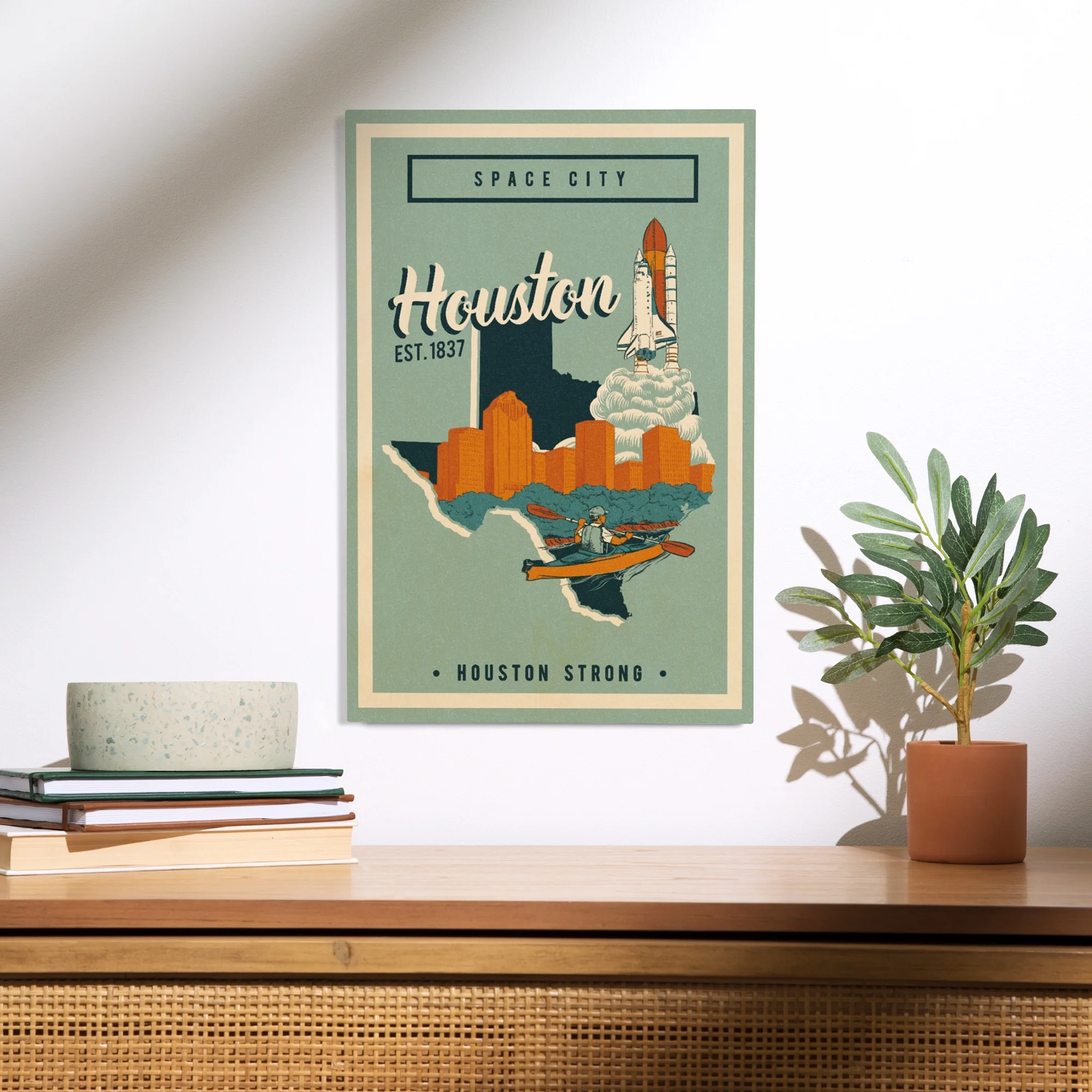 Houston, Texas, Urban Traveler Birch Wood Wall Sign (12x18 Rustic Home Decor, Ready to Hang Art)