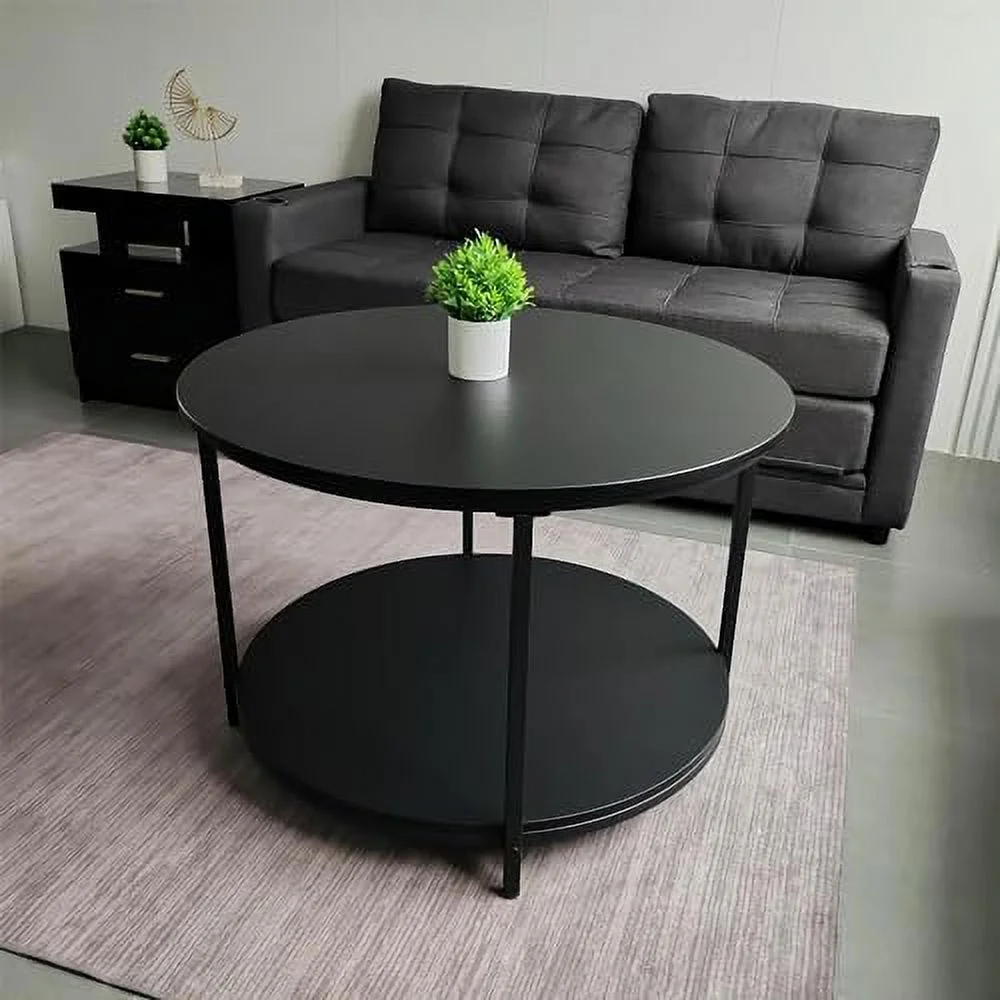 Round Coffee Tables Living Room  31.5 inch 2-Tier Rustic Wood Desktop & Sturdy Metal Legs  Mid Century Modern Circle Coffee Tables with  Open Shelf
