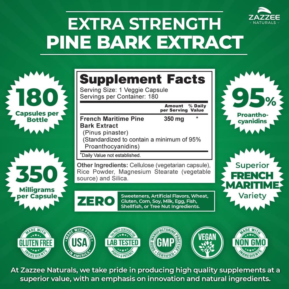 Zazzee Extra Strength French Maritime Pine Bark Extract, 350 mg Per Capsule, 180 Vegan Capsules, 95% Proanthocyanidins, 6 Month Supply, Concentrated and Standardized, All-Natural and Non-GMO