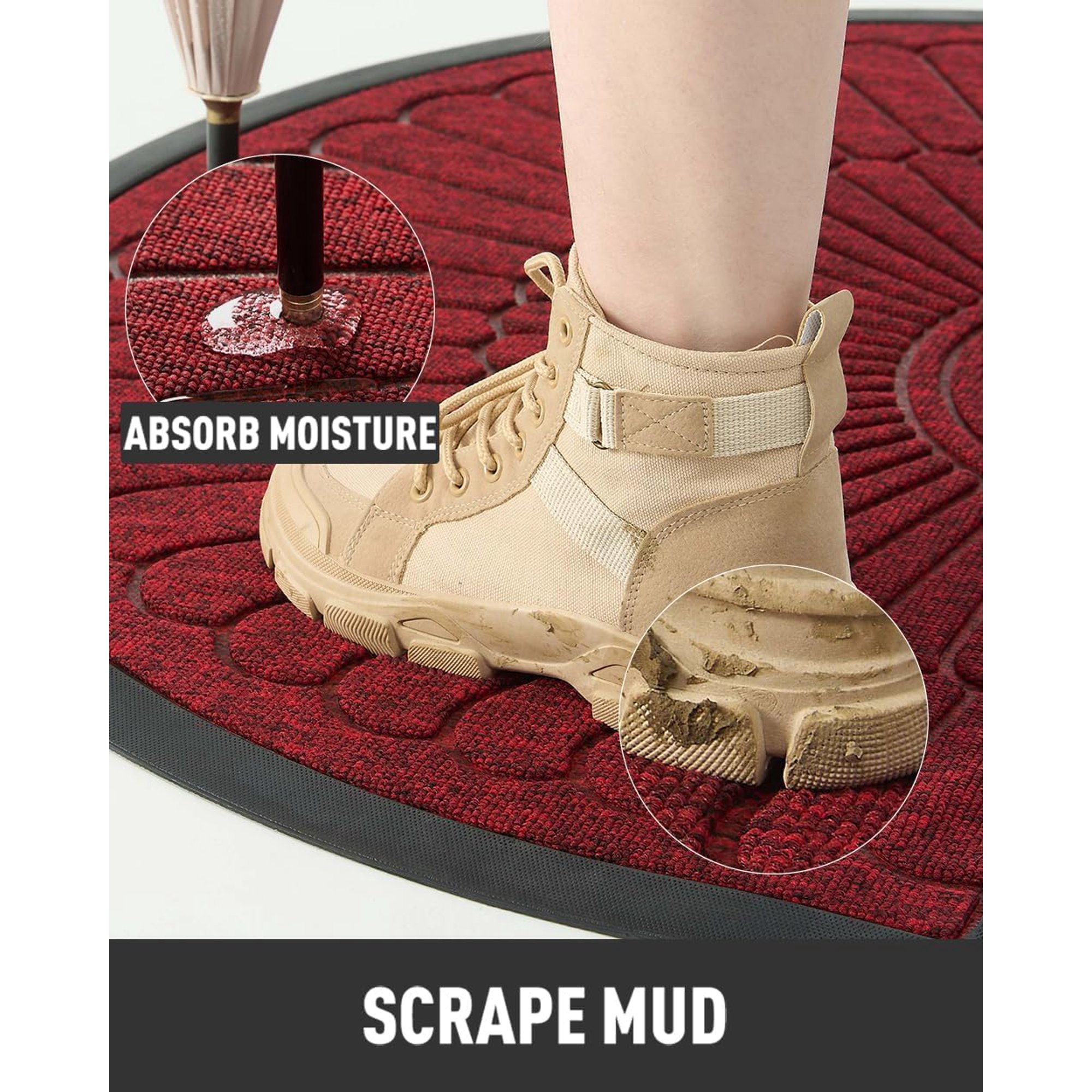 Door Mat Outdoor Indoor Entrance Doormat-Semicircular Durable Rubber Non Slip Front Door Mat for Outside Inside Entry Entryway Dirt Trapper WelcomeMat for Muddy Paws and Shoes-Red 24”x47”