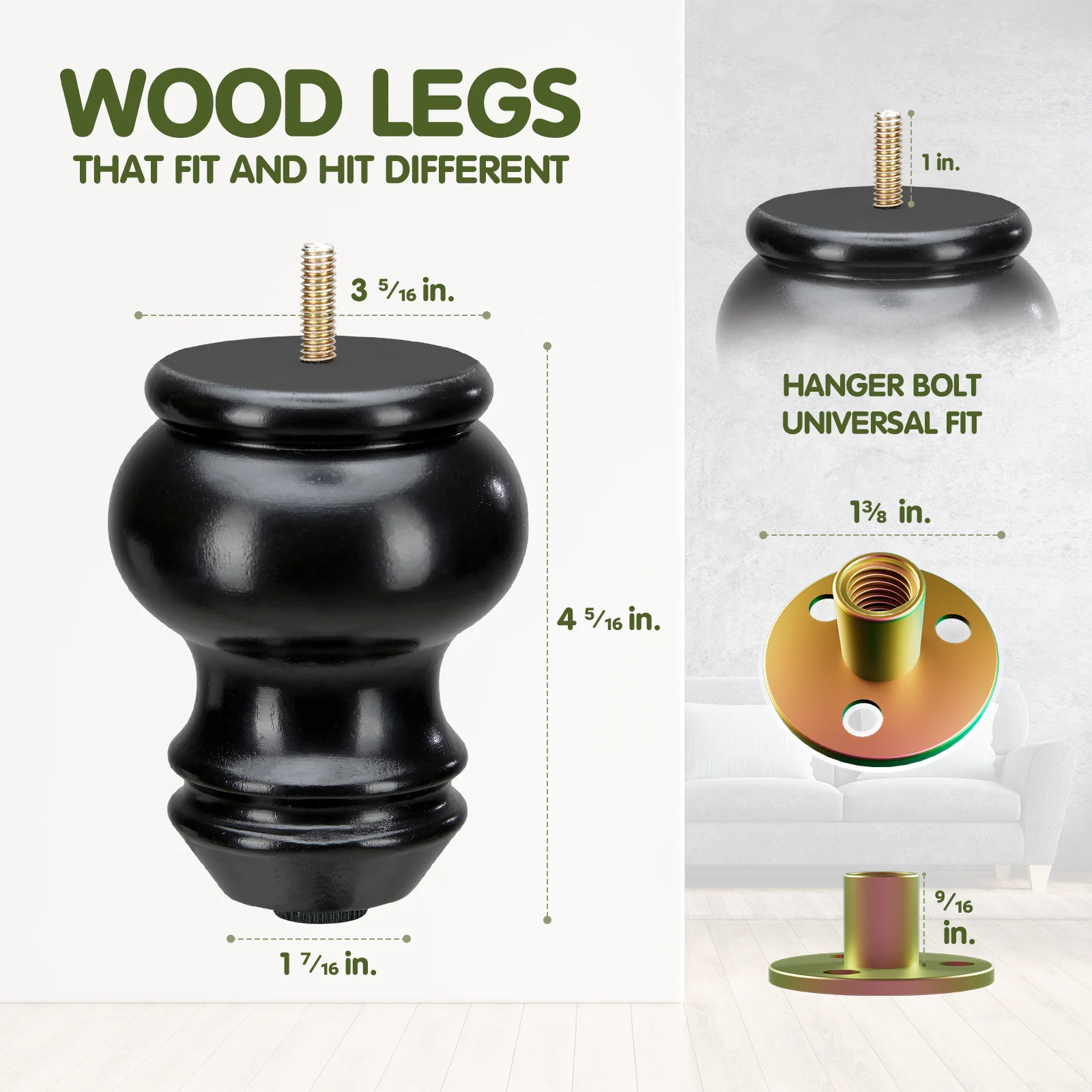 Yes4All 4Pcs of 4 Inches Turned Concave Solid Wood Furniture Legs with Adjustable Leveler