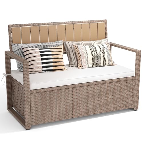 YITAHOME 90 Gallon Outdoor Wicker Storage Bench w/Cushion, Large PE Rattan Deck Storage Box w/Handles & Hydraulics for Patio Furniture, Cushions, Garden Tools, Pool & Sports Equipment, Black&Beige