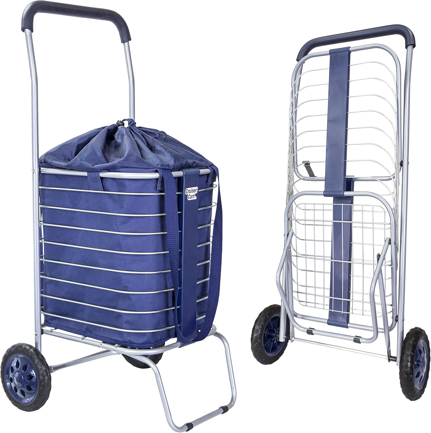 dbest products Cruiser Cart with Bag Bundle Shopping Cover Grocery Rolling Folding Laundry Basket on Wheels Foldable Utility Trolley Compact Lightweight Collapsible, Navy