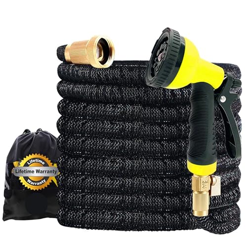 J&B XpandaHose 100ft Expandable Garden Hose with Holder - Heavy Duty Superior Strength 3750D - 4 -Layer Latex Core - Extra Strong Brass Connectors and 10 Spray Nozzle w/Storage Bag (Blue 100)