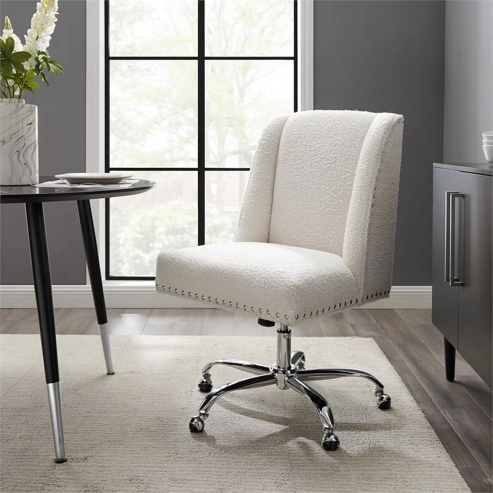 Riverbay Furniture Upholstered Swivel Office Chair in Cream Sherpa