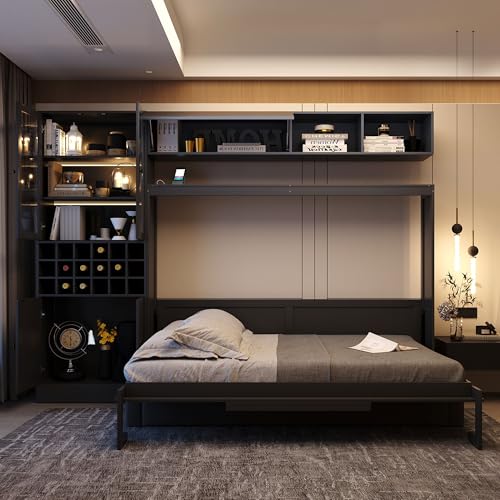 P PURLOVE Queen Murphy Bed with Sofa and Shelves, Wooden Wall Bed with USB and Light, No Box Spring Needed (White)