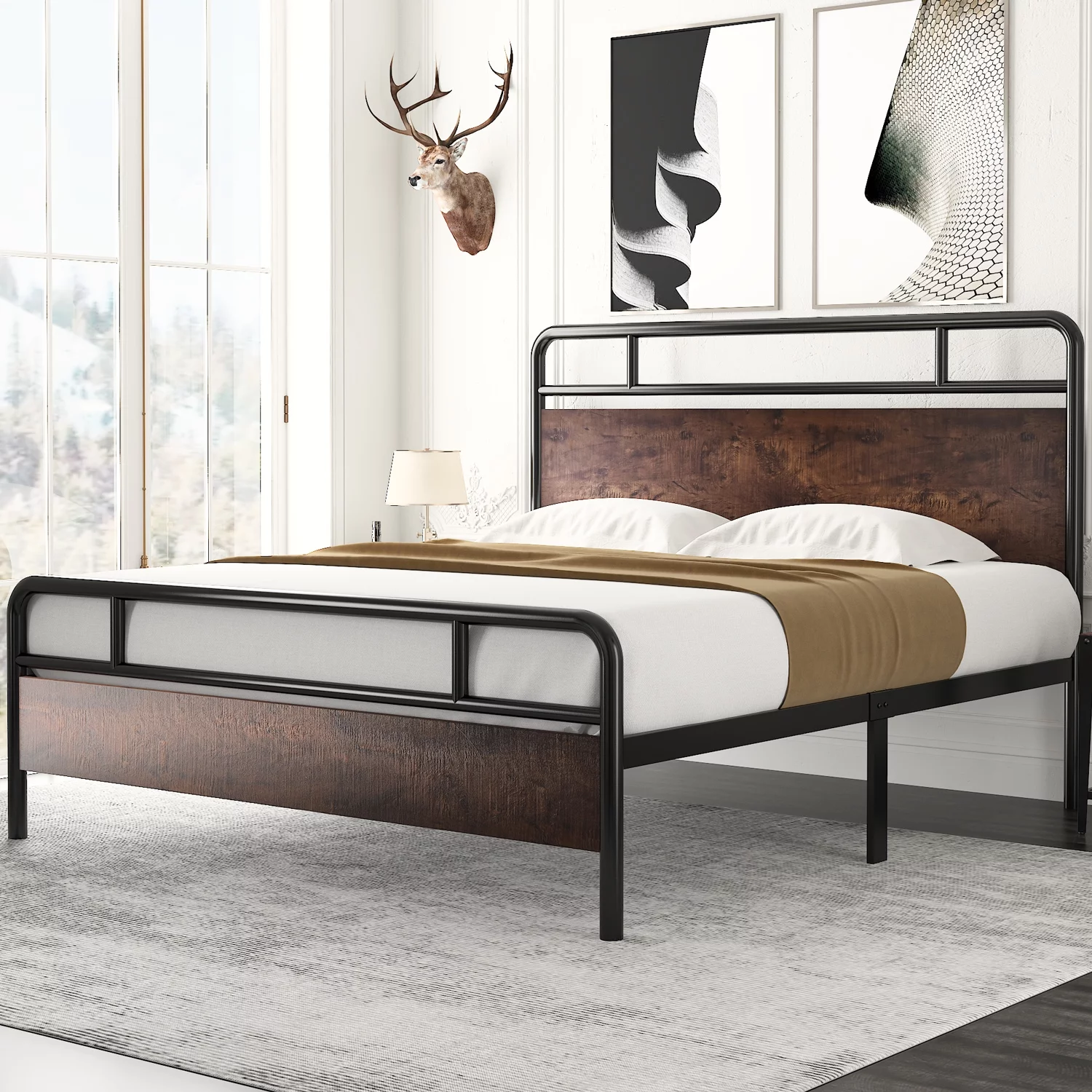 Amolife Full Size Modern Heavy Duty Metal Platform Bed Frame with Modern Wood Headboard, Sanders, Dark Brown
