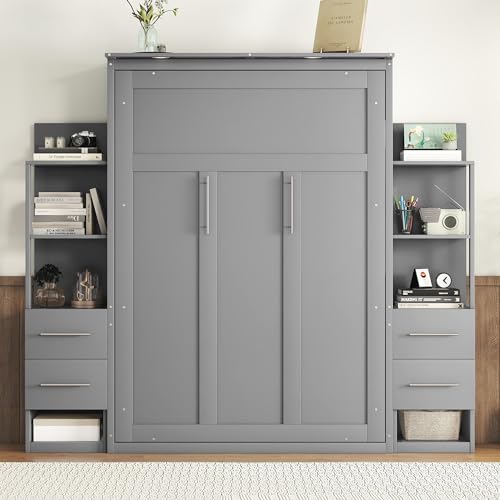 MERITLINE Queen Murphy Bed with LED Lights and Storage Drawers,Shelves,Wood Grey Murphy Wall Bed Cabinet for Adults