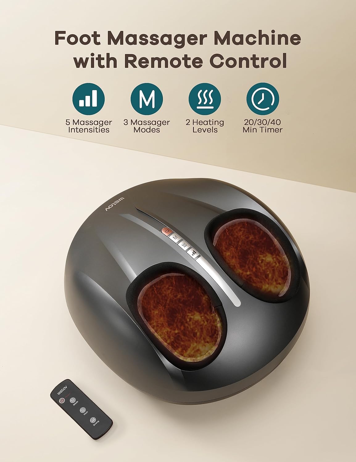 WELOV Foot Massager Machine for Neuropathy Pain, Deep Kneading Shiatsu Foot Massager for Plantar Fasciitis, 2 Heating Levels for Blood Circulation, 5 Massager Intensities, Fits Feet Up to Men Size 12