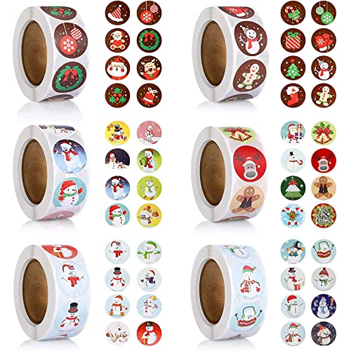 6 Rolls 3000 Pieces Christmas Stickers Round Adhesive Labels - Xmas Decorative Labels Roll 1 Inch 48 Designs for Cards Envelopes Boxes