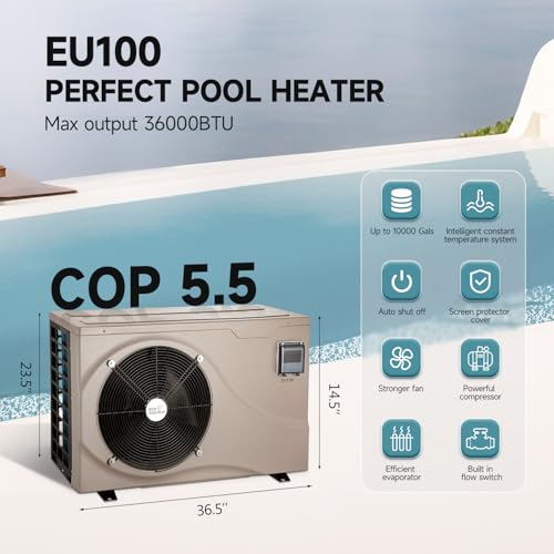 Above Ground Pool Heater EU50, Max 16184BTU Up to 5000gallons Electric Swimming Pool Heat Pumps, Titanium Heat Exchanger, 5.62 COP, 110V/120V, Fits 8/11/15 Foot Pools Heating Pool Warmer