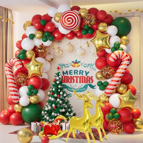 AobkDeco 138PCS Christmas Balloon Garland Arch Kit With Red Green Gold White Balloons Candy Balloon Sequin Balloons Moose Sleigh Balloon for Christmas Party Decorations Supplies