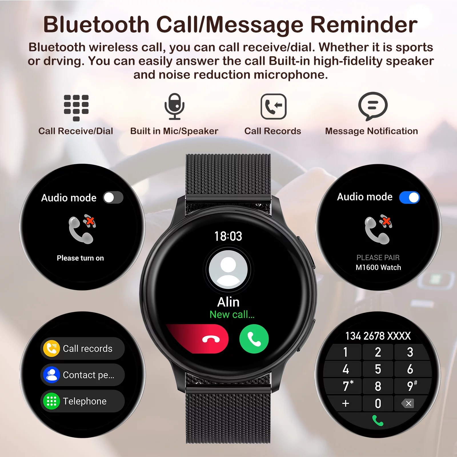 Fashion Receive/Dial Watches for Women Men,Black