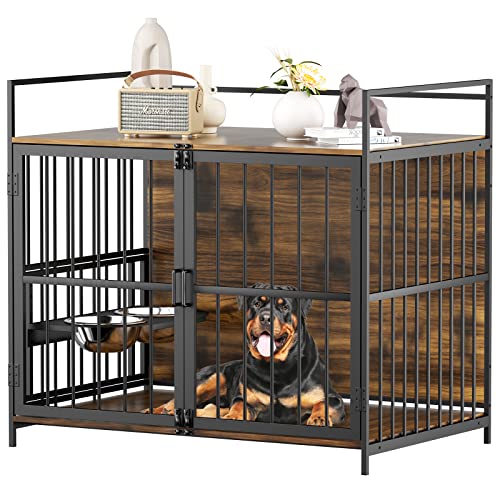 ROOMTEC Furniture Style Large Dog Crate with 360° & Adjustable Raised Feeder for Dogs 2 Stainless Steel Bowls -End Table House Pad, Indoor Use,41