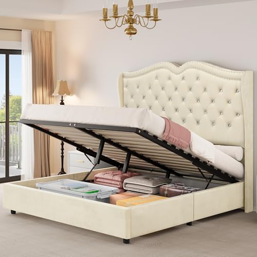 YITAHOME Queen Velvet Lift Up Storage Bed Frame,Upholstered Platform Bed with Headboard 51.6