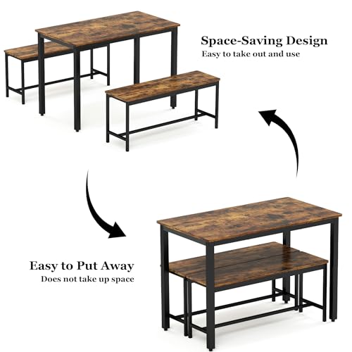 Dining Table Set for 4, Kitchen Room Table Set with 2 Benches, 3-Piece Dining Chairs Set for Breakfast Nook, Grey