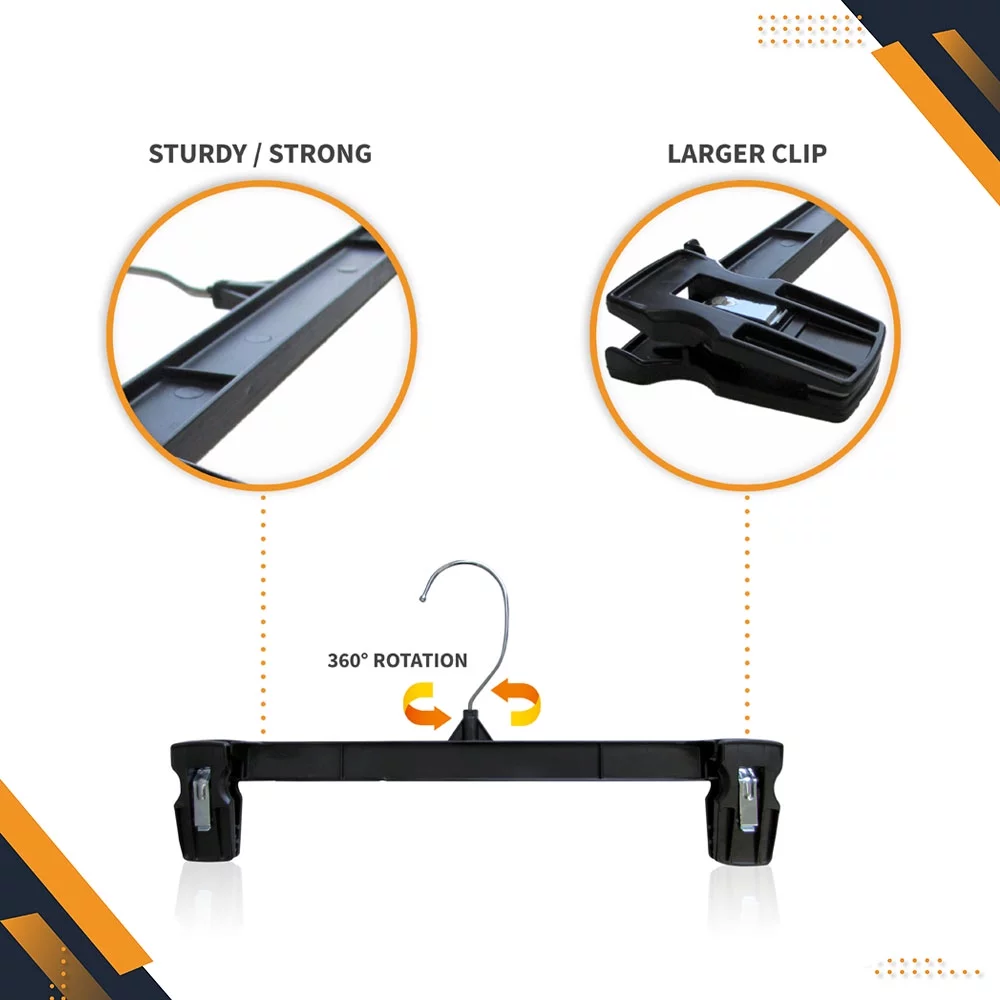 Hanger Central Recycled Black Heavy Duty Plastic Pants & Skirt Bottom Hangers with Padded Pinch Clips and Polished Metal Swivel Hooks, 14 Inch, 50 Pack