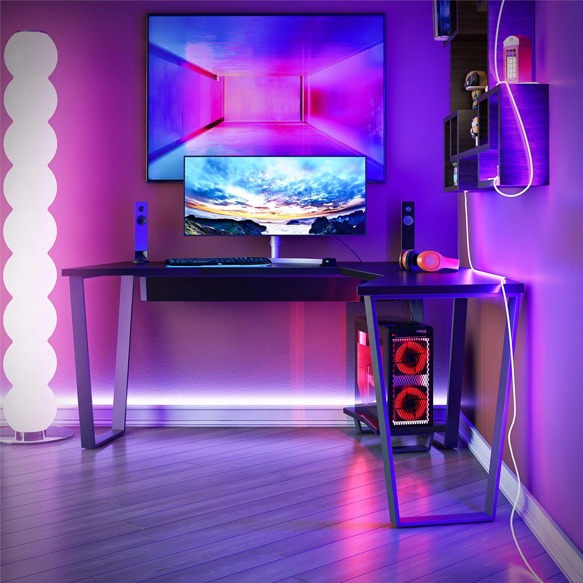 NTense Maxed Gaming L Desk with CPU Stand, Black