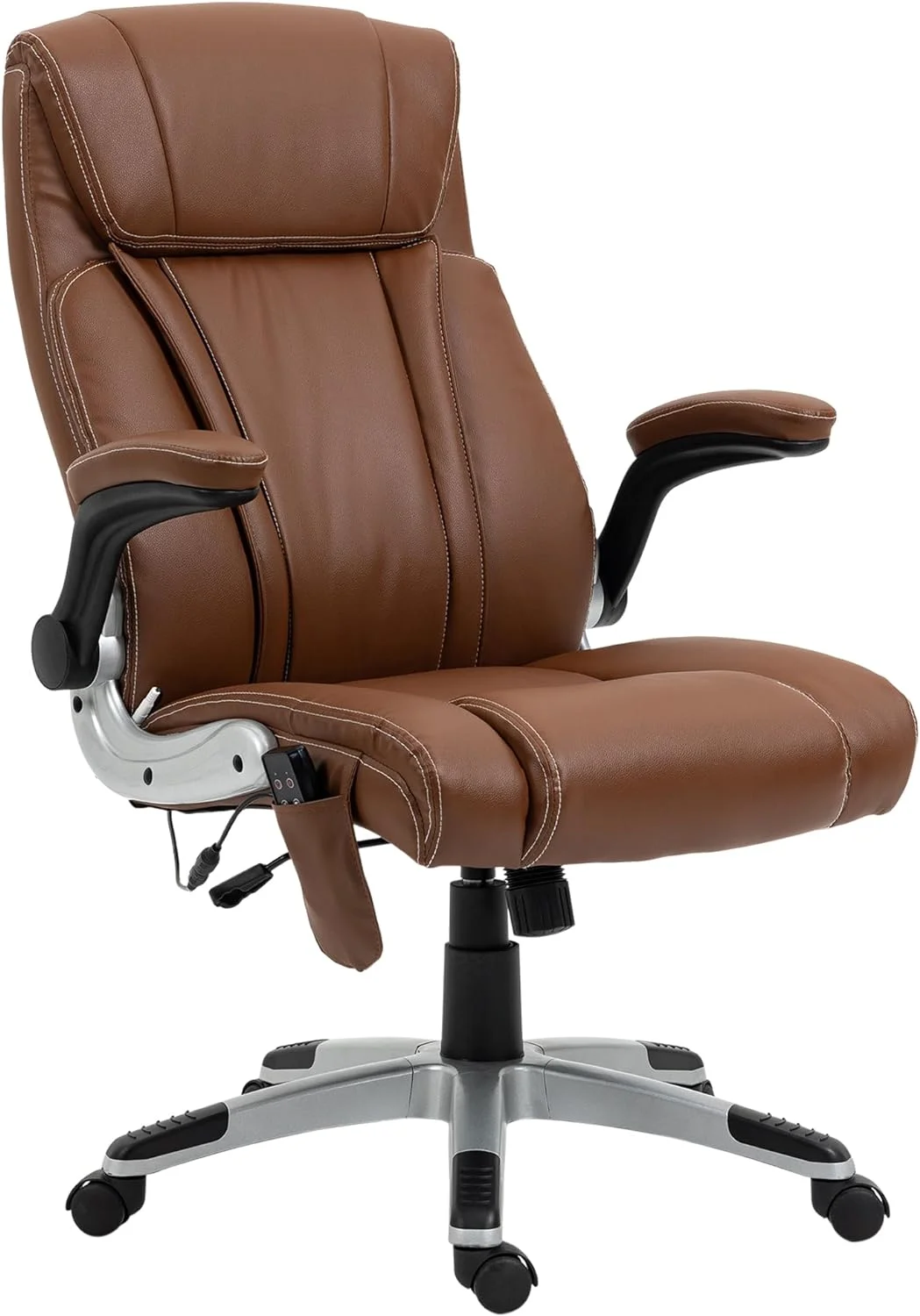 Executive Massage Office Chair With 6 Vibration Points, Heated Faux Leather Computer Desk Chair With -Up Armrest, Adjustable Height, Swivel Wheel, Brown