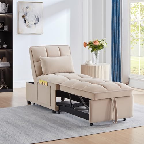 Sleeper Chair Bed, 4-in-1 Folding Convertible Chair Sofa Bed with Adjustable Backrest, Pull Out Sleeper Chair Bed with Storage Pockets, Modern Velvet Chaise Lounge (Taupe)