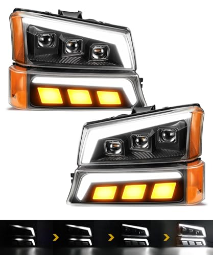 Partsam LED Headlights Assembly DOT Approved with Start-up Light DRL Sequential Turn Signal Hi/Low Sealed Beam Side Marker Lights Replacement for Silverado Avalanche 2003-2006