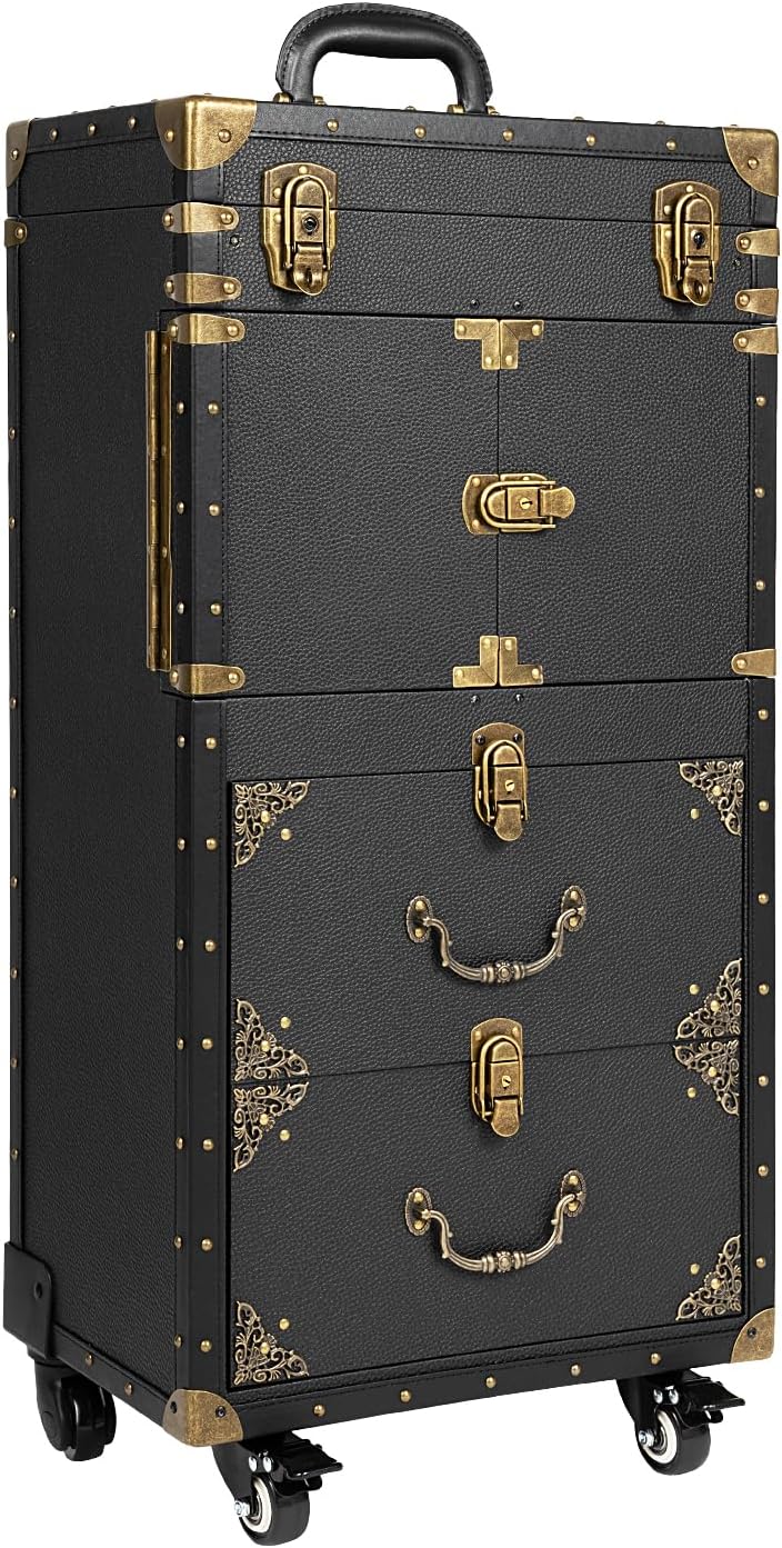 Rolling Makeup Train Case Lockable Cosmetology Case on Wheels Professional Cosmetics Organizer for Hairstylist Nail Technicians Makeup Artist, Aluminum Alloy