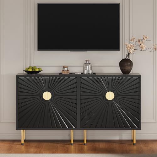 White Accent Storage Cabinet with Gold Handle Set 2- Decorative Flower Pattern Doors - Versatile Buffet Cabinet with Storage - Elegant Sideboard Cabinet - Perfect Credenza for Any Room