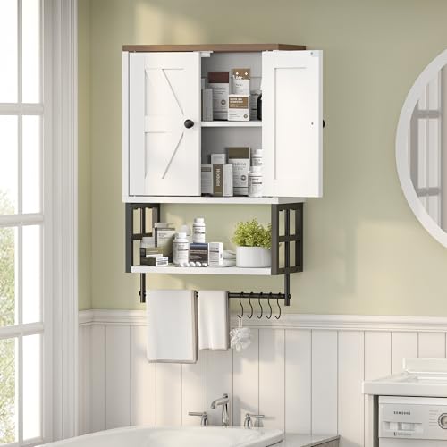 Farmhouse Medicine Cabinet for Small Bathroom Wall Mounted – 3-Tier Storage Cabinet with Adjustable Shelf & Towel Bar, 2-Door Cabinet for Bathroom, Laundry Room, Above Toilet Organizer (White)