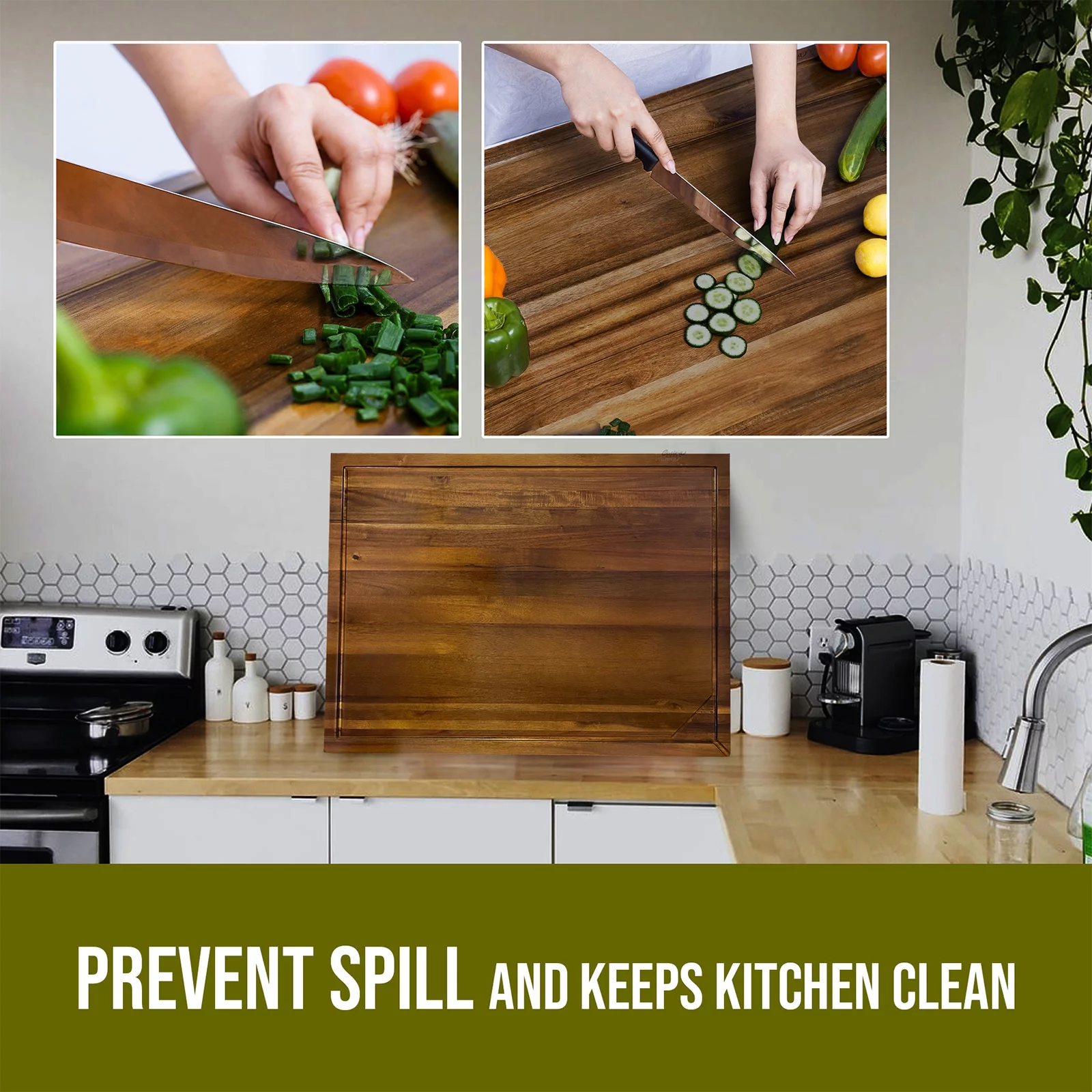 Cucina Green 30 inches Noodle Board, Cutting Board, Stove Top Cover, Charcuterie, Acacia Wood Adjustable Legs