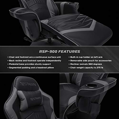 RESPAWN 900 Racing Style Gaming Recliner, Reclining Gaming Chair, in Gray RSP 900 GRY