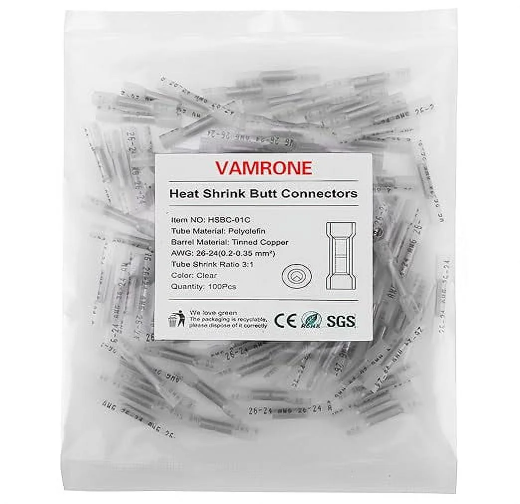 Heat Shrink Butt Wire Connectors, 100Pcs 26-24 AWG Clear Insulated Waterproof Electrical Wire Connectors Automotive Marine Grade Wire Crimp Terminals Butt Splices, Ideal for Boat, Truck, Stereo Clear