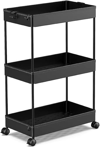 SPACEKEEPER Storage Rolling Cart 3 Tier, Laundry Room Organization Bathroom Cart Organizer Utility Mobile Shelving Unit Multi-Functional Shelves for Office, Kitchen, Black