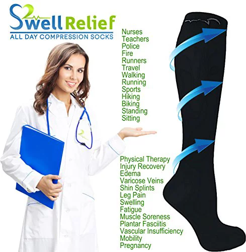 4 Pair Large/X-Large Colorful Compression Sock (Fits Large Calves!) Medium Graduated Compression 15-20 mmHg, For Men and Women. Therapeutic, Occupational, Travel & Flight Knee-High Hosiery. (1st) US