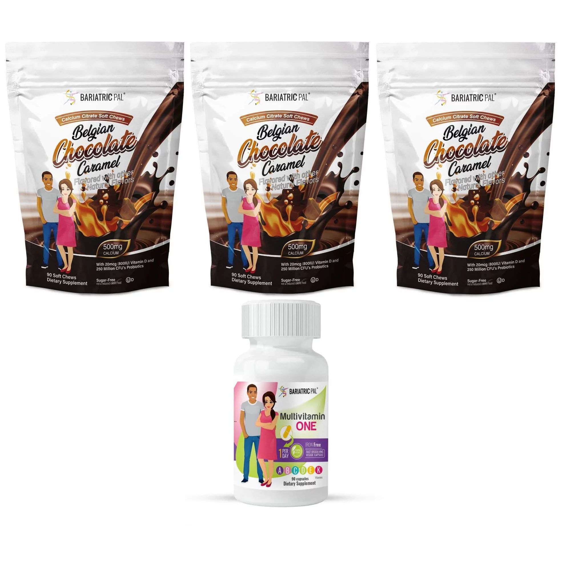 Gastric Band Complete Vitamin Pack - Capsules Size: 3-Month Supply, BariatricPal Multivitamin ONE: Capsule - Iron Free, BariatricPal Calcium Citrate Soft Chews: Belgian Chocolate Caramel