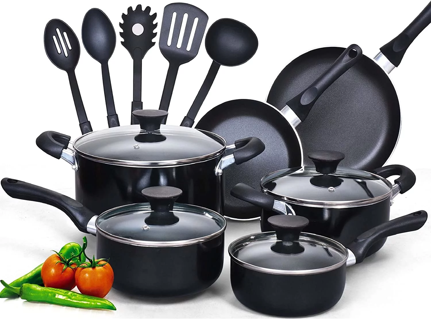 YHZCY 15-Piece Nonstick Stay Cool Handle Cookware Set, Black