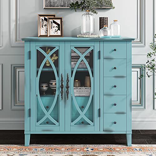 Vintage Style Sideboard Accent Storage Sideboard Wooden Sideboard with Adjustable Shelf,5 Small Drawers and 2 Large Drawers,for Entryway,Living Room,Bedroom (Antique Light Green#N)