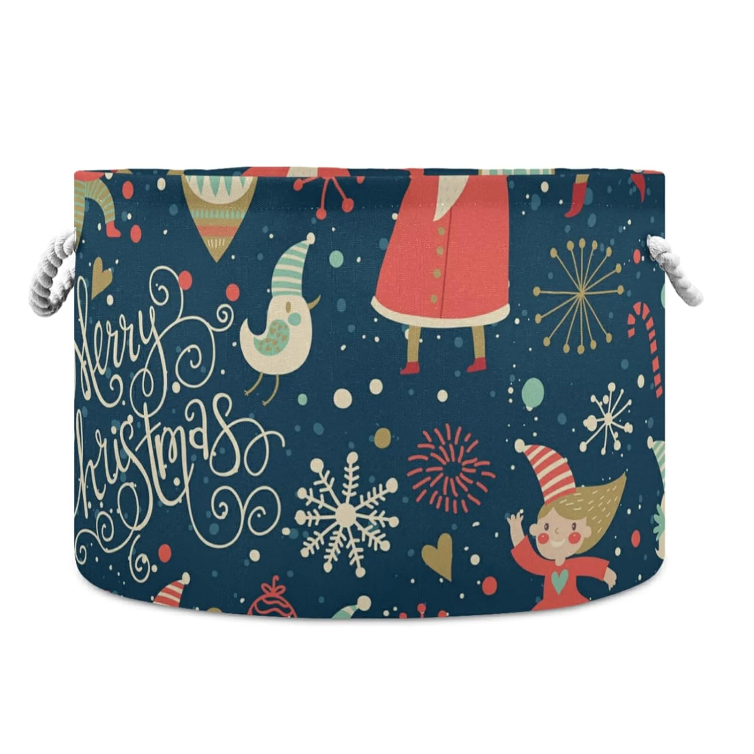 Wellsay Christmas Santa Claus Elves Snowflakes Storage Basket Gift Baskets Large Collapsible Laundry Hamper with Handle, 20x20x14 in