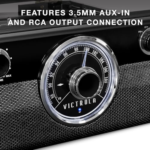 Victrola Metropolitan – 4-in-1 Bluetooth Record Player & Multimedia Center – 3-Speed Belt Driven Turntable with Built-in Speakers, AM/FM Radio, Wireless Music Streaming, Aux and RCA Outputs (Grey)